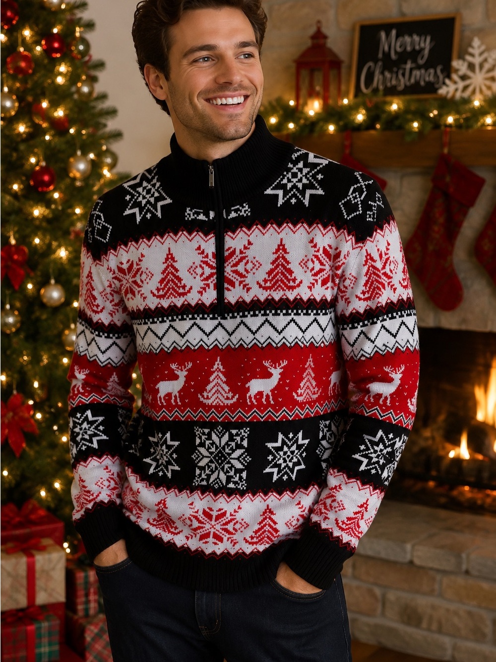 Men's Black, Red & White Holiday Fair Isle Zip-Up Sweater - (Brand)